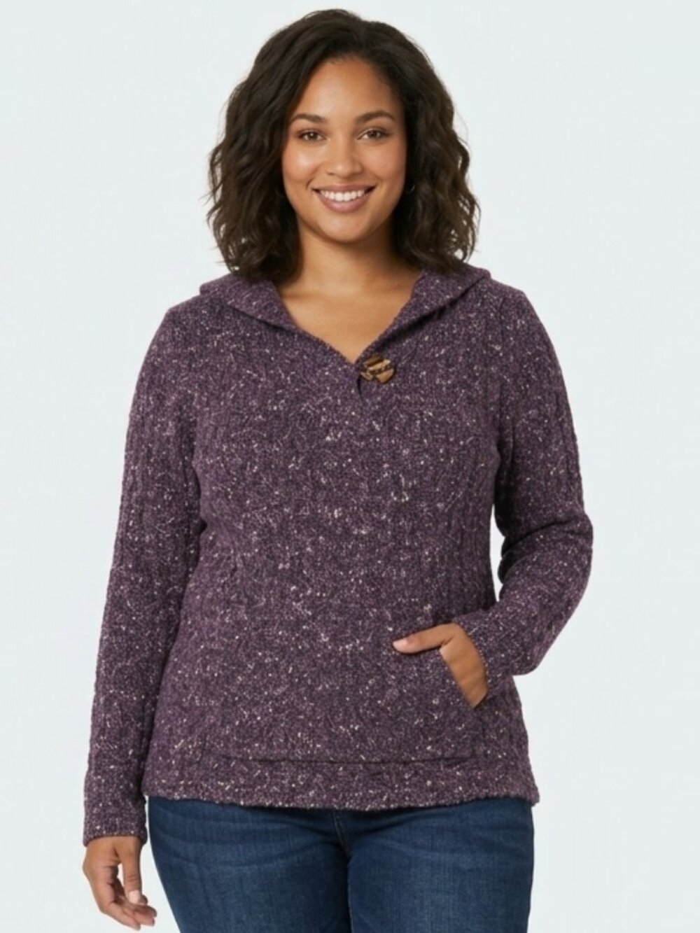 Cato XL Purple Marbled Knit Hooded Sweater w Button & Kangaroo Pocket